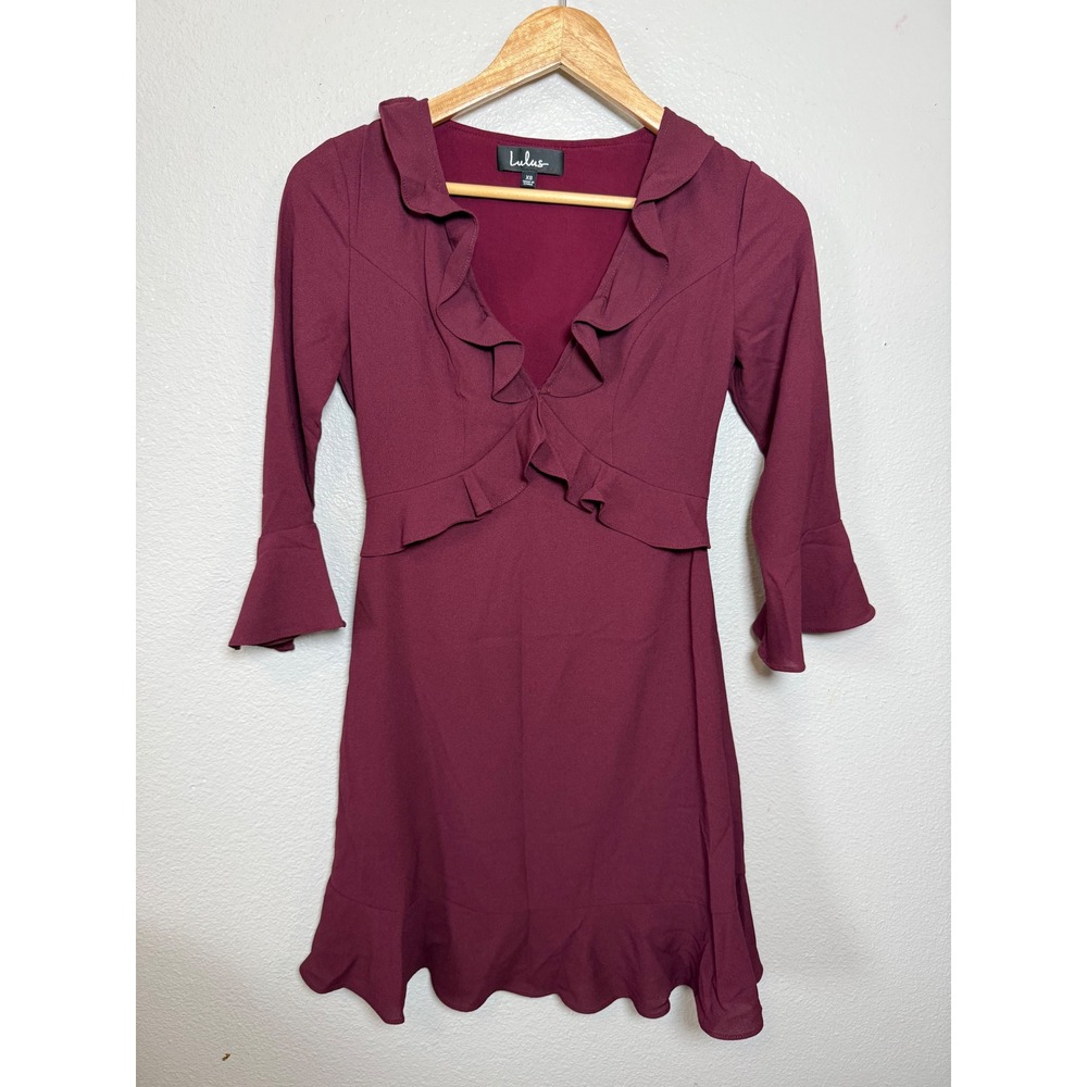 Lulus Burgundy Ruffle V-Neck Bell Sleeve Fit and Flare Mini Dress XS